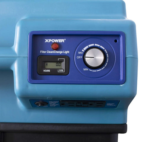 Control panel of Heavy Duty Air Scrubber Slings Seven Five Zero Cfm with hour meter and speed dial in blue casing.