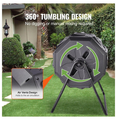 Beefy Dual Chamber 43 Gallon Compost Tumbler With Rotating Design And Two Doors, Heavy Duty Steel Frame in garden setting