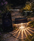 Solar Deck Lights Outdoor Waterproof LED Step And Pathway Lights beside smartphone on stone path at night