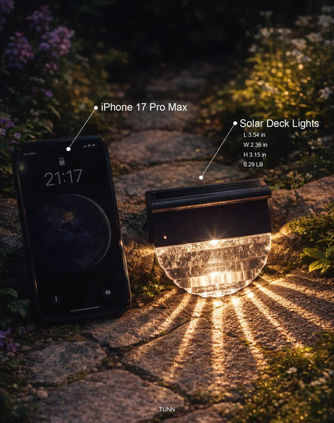 Solar Deck Lights Outdoor Waterproof LED Step And Pathway Lights beside smartphone on stone path at night