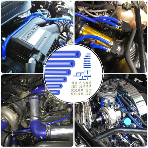 Blue Silicone Vacuum Hose Kit With Six Hose Sizes And Twelve Matching Connectors, Ten Foot Lengths, 128 Piece Set installed in engine