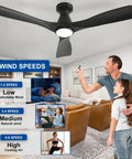 52 Inch Black Low Profile Flush Mount Ceiling Fan With Light 3 blade dimmable remote control in modern living room