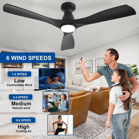 52 Inch Black Low Profile Flush Mount Ceiling Fan With Light 3 blade dimmable remote control in modern living room