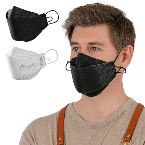 Person wearing KF94 Protective Face Mask For Adults With Adjustable Ear Loop Strap, 4 Layer Filter, 3D Ergonomic Design, Made In Korea, Large Black