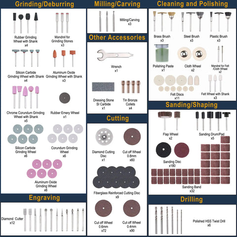 545 Piece Rotary Tool Accessories Kit With One Eighth Inch Shank Compatibility for Dremel and Flex Shaft Grinders showing tool types.