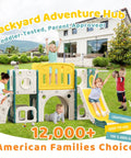 Children playing on 8 In 1 Toddler Climber And Slide Playset With Basketball Hoop For Indoor And Outdoor Fun Compact All In One Playground Center To Boost Kids Motor Skills And Confidence in a backyard setting.