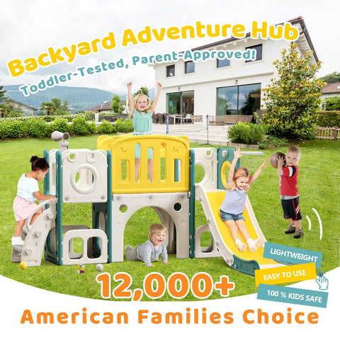 Children playing on 8 In 1 Toddler Climber And Slide Playset With Basketball Hoop For Indoor And Outdoor Fun Compact All In One Playground Center To Boost Kids Motor Skills And Confidence in a backyard setting.