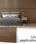 Premium Fluted Acoustic Wood Slat Wall Panels 2 Pack In Clean Walnut Tone used as a stylish headboard backdrop in modern bedroom.