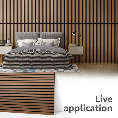 Premium Fluted Acoustic Wood Slat Wall Panels 2 Pack In Clean Walnut Tone used as a stylish headboard backdrop in modern bedroom.