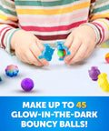 DIY Glow In The Dark Bouncy Ball Kit For Kids Build Your Own Neon Orbs With 5 Mold Shapes And 6 Color Powders Create Up To 45 Glowing Balls In Four Easy Steps A Totally Fun STEM Science Activity That Sparks Hands On Learning. child opens blue mold with colorful bouncy balls