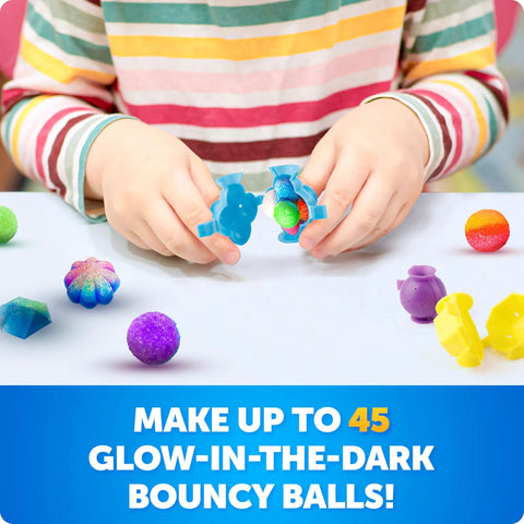 DIY Glow In The Dark Bouncy Ball Kit For Kids Build Your Own Neon Orbs With 5 Mold Shapes And 6 Color Powders Create Up To 45 Glowing Balls In Four Easy Steps A Totally Fun STEM Science Activity That Sparks Hands On Learning. child opens blue mold with colorful bouncy balls