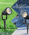Low Voltage LED Landscape Lights 7W 12V Outdoor Garden Pathway Spotlight Kit with Connectors Six Pack, shown in rain and snow.
