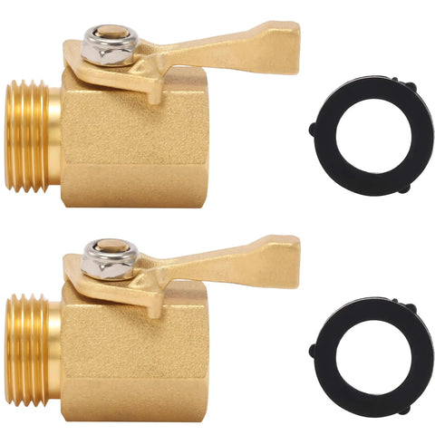 Heavy Duty Brass Garden Hose Shut Off Valve Three Quarter Inch Inline, Ergonomic Handle, 2 Pack With 2 Hose Washers displayed