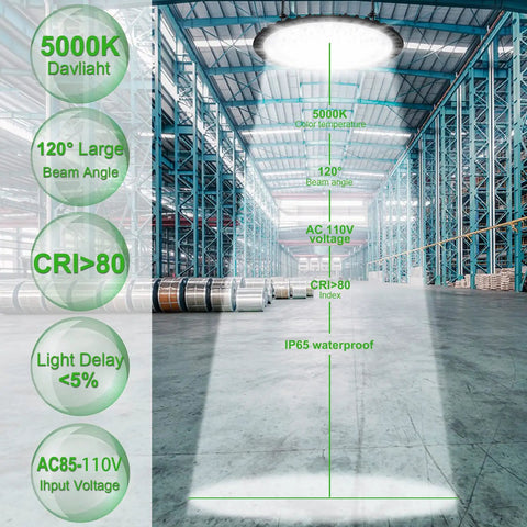 Bright warehouse illuminated by 15 Pack 200W LED High Bay Lights UFO Style 6500K Daylight White 20000 Lumens For Warehouse Workshop Garage Factory Area Lighting Fixtures