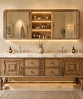 Top Shelf 76 Inch Freestanding Double Sink Bathroom Vanity Featuring Wide Mirror Medicine Cabinet Polished Marble Tops Rustic Wood Carving Details And Serious Storage with marble counter and lighting.