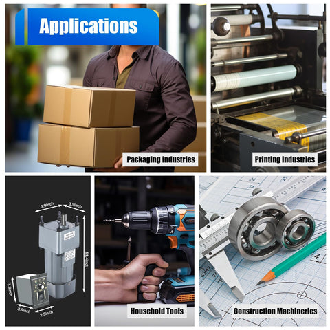 Applications for Heavy Duty Beefed Up 250W AC Gear Motor With Speed Controller in packaging and printing industries, and household tools.