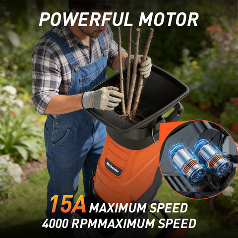Person using Powerful 15 Amp Electric Wood Chipper Shredder With 1.75 Inch Cutting Capacity For Branches And Twigs in garden