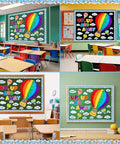 Hot Air Balloon Bulletin Board Set With 57 Pieces Including Balloons And Clouds Borders Letters And Crepe Paper Rolls For Back To School Classrooms Windows Walls And Doors Decor Kid Friendly Fun Preschool Elementary Summer displayed in a classroom setting