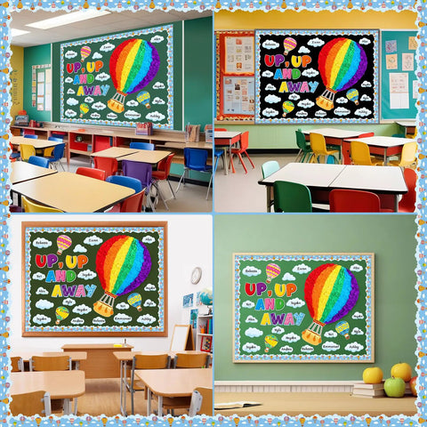 Hot Air Balloon Bulletin Board Set With 57 Pieces Including Balloons And Clouds Borders Letters And Crepe Paper Rolls For Back To School Classrooms Windows Walls And Doors Decor Kid Friendly Fun Preschool Elementary Summer displayed in a classroom setting