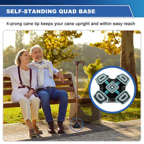 Heavy Duty Quad Cane Tip Replacement For 3/4 Inch Shafts, 4-prong base demonstrating stability on a park bench.