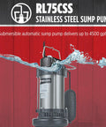 Heavy-Duty 3/4 HP 115V Stainless Steel Sump Pump With Snap-Action Switch, 4500 GPH Steel Black Housing, submerged in clear water.
