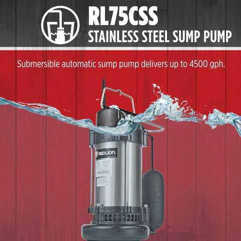Heavy-Duty 3/4 HP 115V Stainless Steel Sump Pump With Snap-Action Switch, 4500 GPH Steel Black Housing, submerged in clear water.