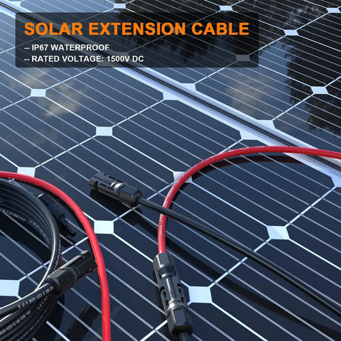 10 AWG Solar Extension Cable 50 Ft Red And Black With Universal Solar Connectors on solar panels outdoors.