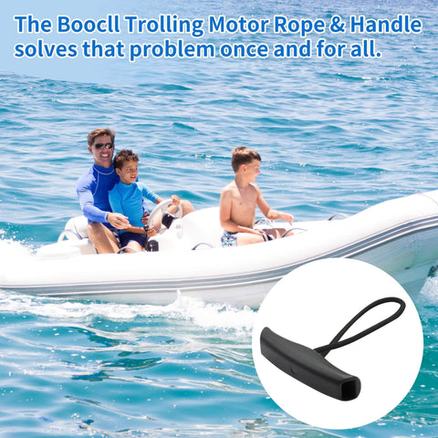 2 Pack MKA 45 Trolling Motor Rope And Handle for Minn Kota Maxxum and Edge; inset close-up of handle on boat with family