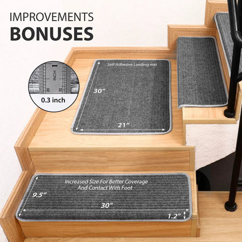 Stair Tread Carpet Runner Set With Adhesive Backing And Nonskid Grip For Easy Install 14 Plus 1 Pieces Cover Stairs Grey