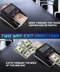 Portable Counterfeit Money Detector With UV IR MG Scan Auto 4 Way Bill Check And Value Counting For USD And EUR showing two-way exit direction