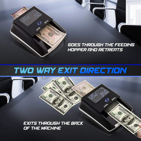 Portable Counterfeit Money Detector With UV IR MG Scan Auto 4 Way Bill Check And Value Counting For USD And EUR showing two-way exit direction