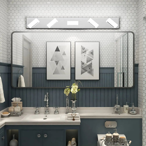 Modern Stainless Steel 3 Light LED Vanity Light Fixture With Frosted White Acrylic Shades above bathroom mirror