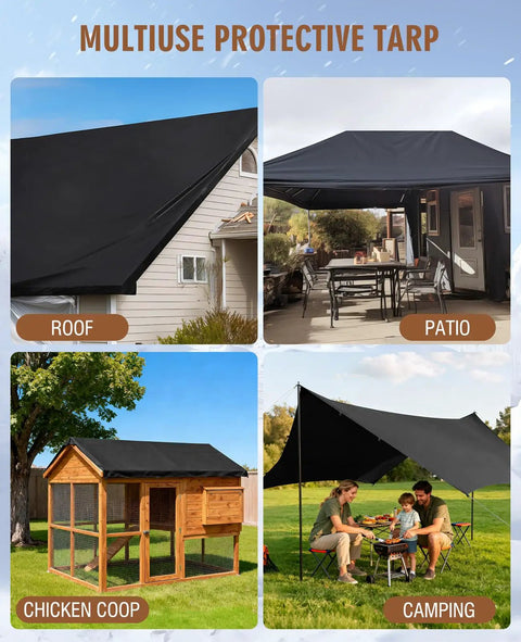 Multiuse protective tarp showing uses on roof, patio, chicken coop, and camping with Tough As Nails Heavy Duty 20 Mil Waterproof Tarp 7 By 9 Point 5 Ft Black Oxford Fabric With Reinforced Webbing Loops For Firewood Camping Roof Pool And All Purpose Outdoor Cover.