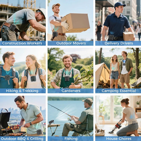 Collage of people using Go-To Portable Waist And Neck Cooling Fan With 10000mAh Battery in various outdoor and indoor activities.