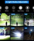 Ultra Bright Rechargeable Flashlight With 1.42 Million Lumens Six Modes IP67 Waterproof Tactical Emergency Light For Home And Outdoors illuminating various outdoor scenes