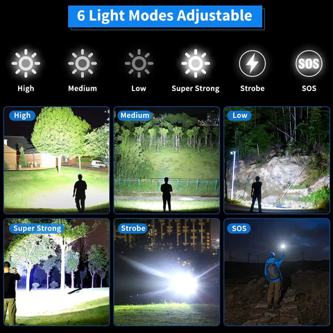 Ultra Bright Rechargeable Flashlight With 1.42 Million Lumens Six Modes IP67 Waterproof Tactical Emergency Light For Home And Outdoors illuminating various outdoor scenes