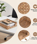 Water Hyacinth Letter Tray Desk Organizer on office desk with close-ups of wicker texture, iron frame, and U-shape design
