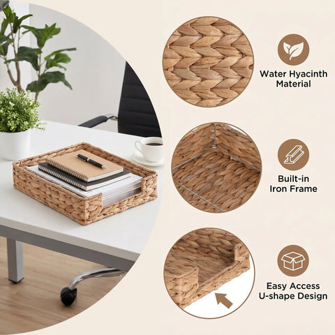 Water Hyacinth Letter Tray Desk Organizer on office desk with close-ups of wicker texture, iron frame, and U-shape design
