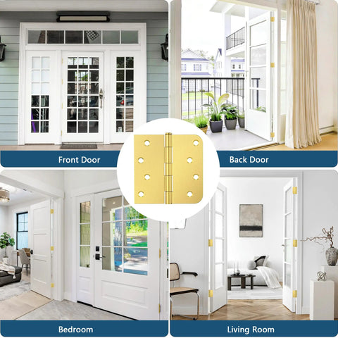 Four settings using Three Pack Brushed Gold Exterior Door Hinges Four Inch With Five Eighth Inch Radius And Square Corners Removable Pin