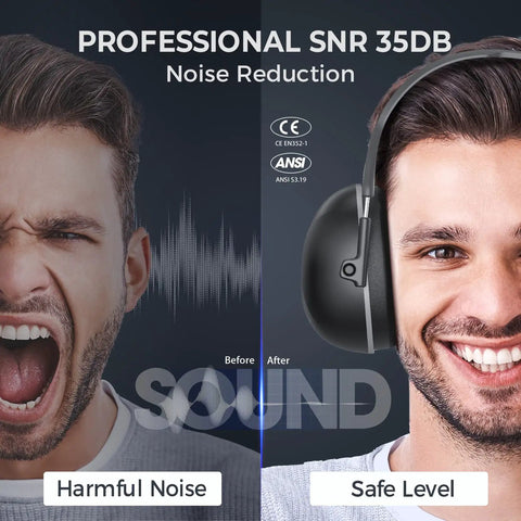 Professional SNR 35dB noise reduction ear muffs showing harmful noise vs safe level, 35dB Hearing Protection Ear Muffs For Noise Reduction And Chill Silencing In Shooting Mowing Sleeping And Autism Support Ultra Comfortable Earmuffs With Storage Bag For All Day Wear And Quiet Focus.