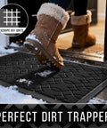 Boot stepping on All Season Waterproof Front Door Doormat That Captures Dirt And Mud Like A Pro Heavy Duty Non Slip Outdoor Mat