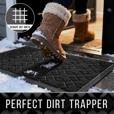 Boot stepping on All Season Waterproof Front Door Doormat That Captures Dirt And Mud Like A Pro Heavy Duty Non Slip Outdoor Mat
