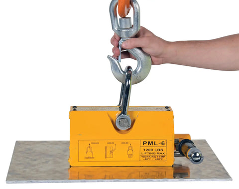 Heavy Duty Permanent Magnetic Lifter With 1200 Lb Capacity For Sheet Metal Material Handling, compact design in use.