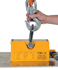 Heavy Duty Neodymium Magnetic Lifter For Steel Plates With 1200 Pound Flat Capacity Chain Hoist Hook Mount in use with a steel plate.