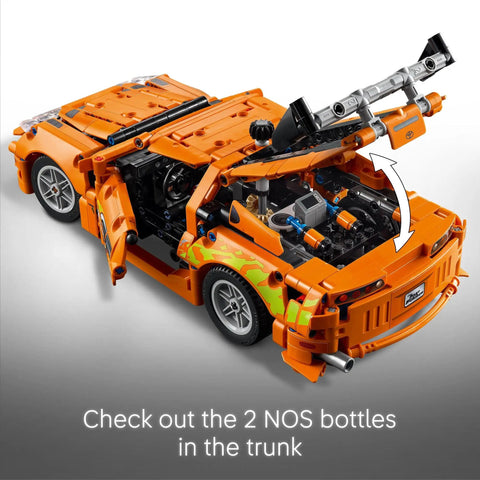 Technic Fast and Furious Toyota Supra Mk4 Building Kit for Kids and Teens Ages 9 Plus, open trunk showing NOS bottles, rear view