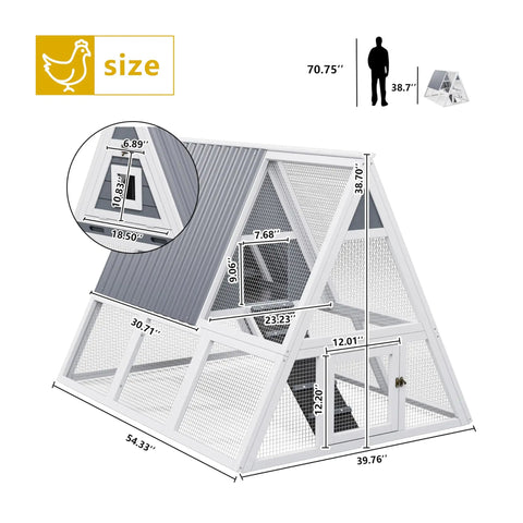 Large Triangle Chicken Coop With Run For 4-6 Chickens, Wooden A-Frame Hen House With Nesting Boxes, Ramp, Weatherproof Roof, Dimensions