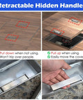 Image showing retractable hidden handles on rugged recessed drain cover for lawn, driveway, and patio, heavy duty 42 by 42 inch outdoor storm drain panel.