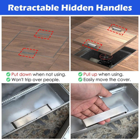 Image showing retractable hidden handles on rugged recessed drain cover for lawn, driveway, and patio, heavy duty 42 by 42 inch outdoor storm drain panel.