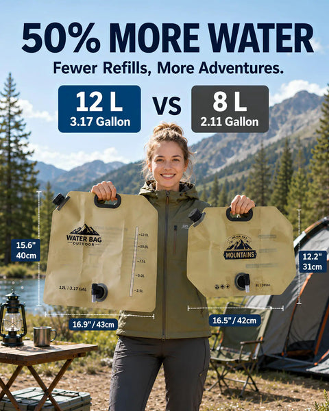 Person holding 12L and 8L Collapsible Water Containers with Spigots for camping, against a scenic outdoor backdrop
