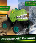 Rad Dinosaur Monster Truck Remote Control Car With Spray Lights And Music, Three Dope Stunts, 50 Minute Runtime, Durable design on rough and snowy terrain